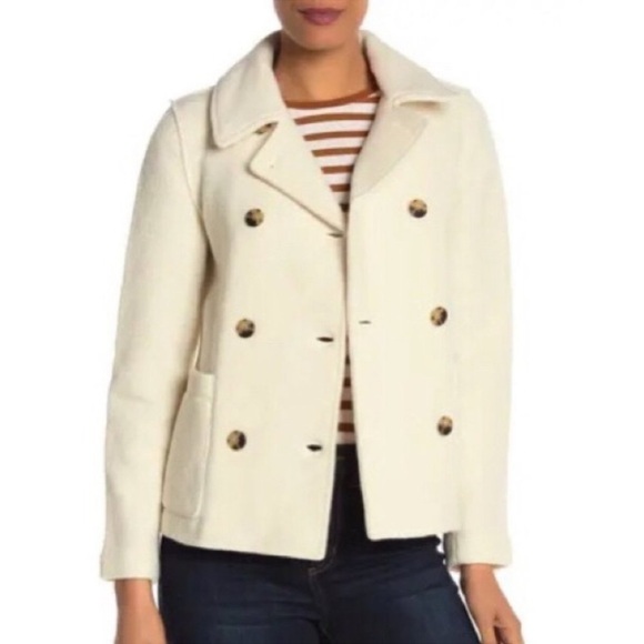 J Crew Women’s Wool Ivory Stadium Double Breasted Patch Pocket PeaCoat SZ 14 - Picture 1 of 9